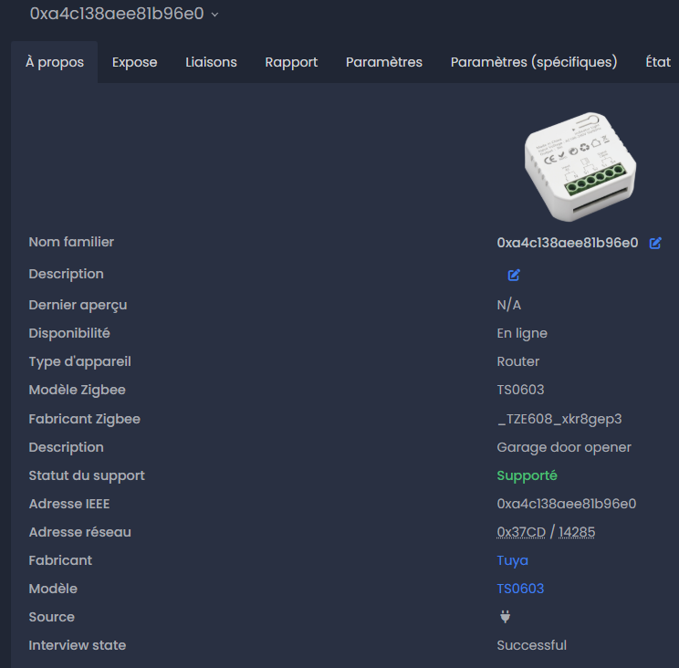 Appairage réussi dans Zigbee2MQTT