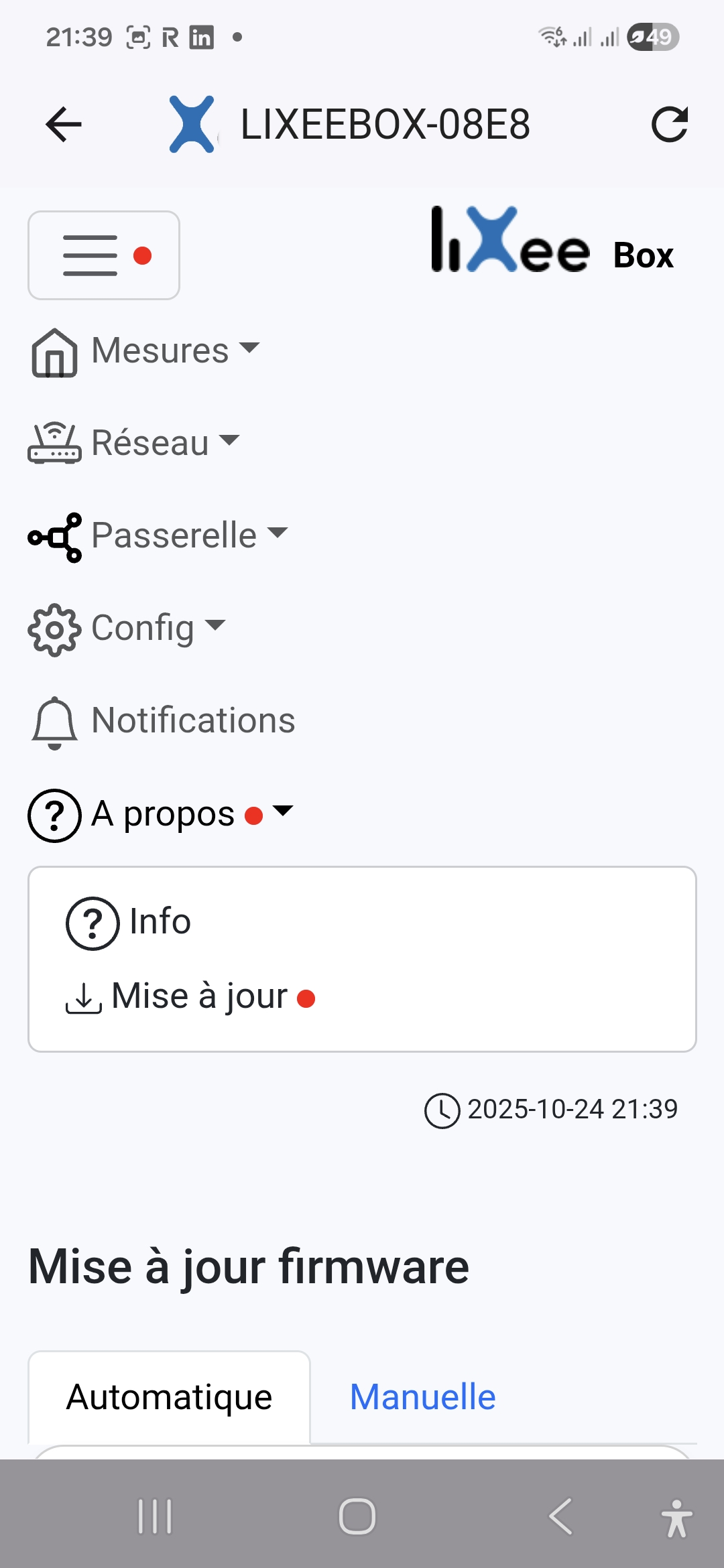 Mise à jour du firmware en cours sur ma LiXee-Box