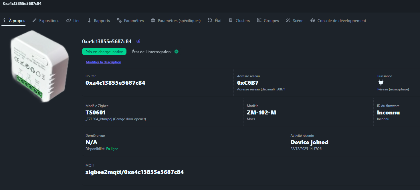 Interface Zigbee2MQTT appairage MOES ZM-102-M