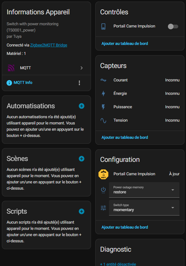 Entité TYZG-002 dans Home Assistant