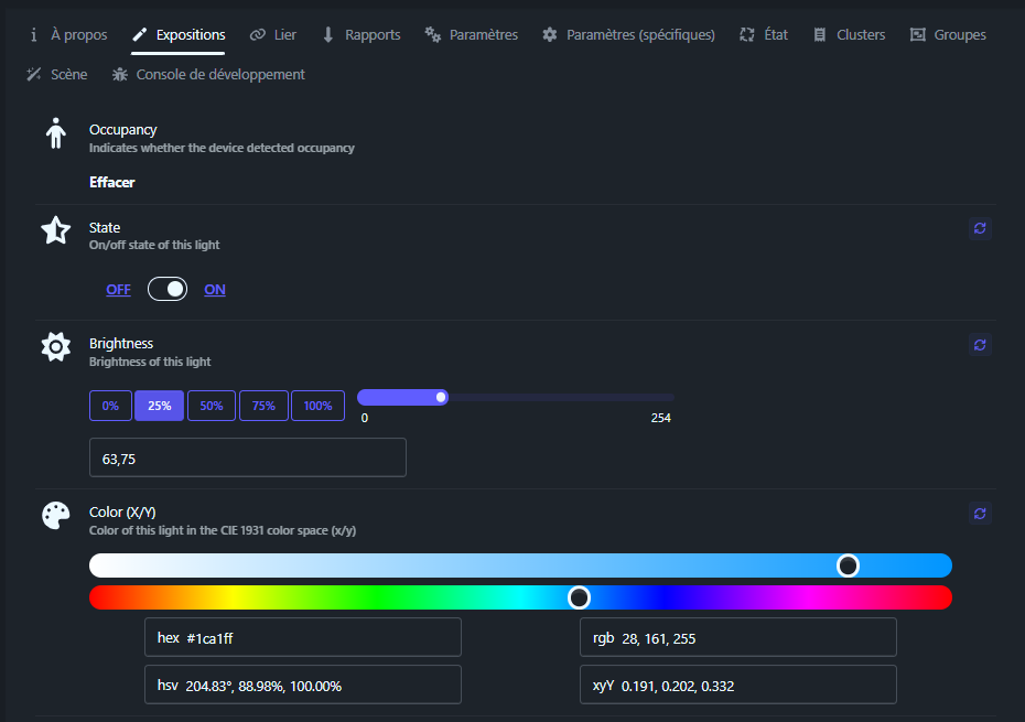 Exposés Zigbee2MQTT de la veilleuse Third Reality