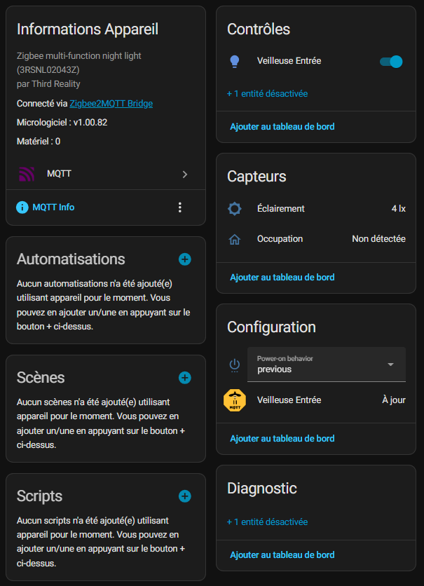 Entités Home Assistant de la veilleuse Third Reality