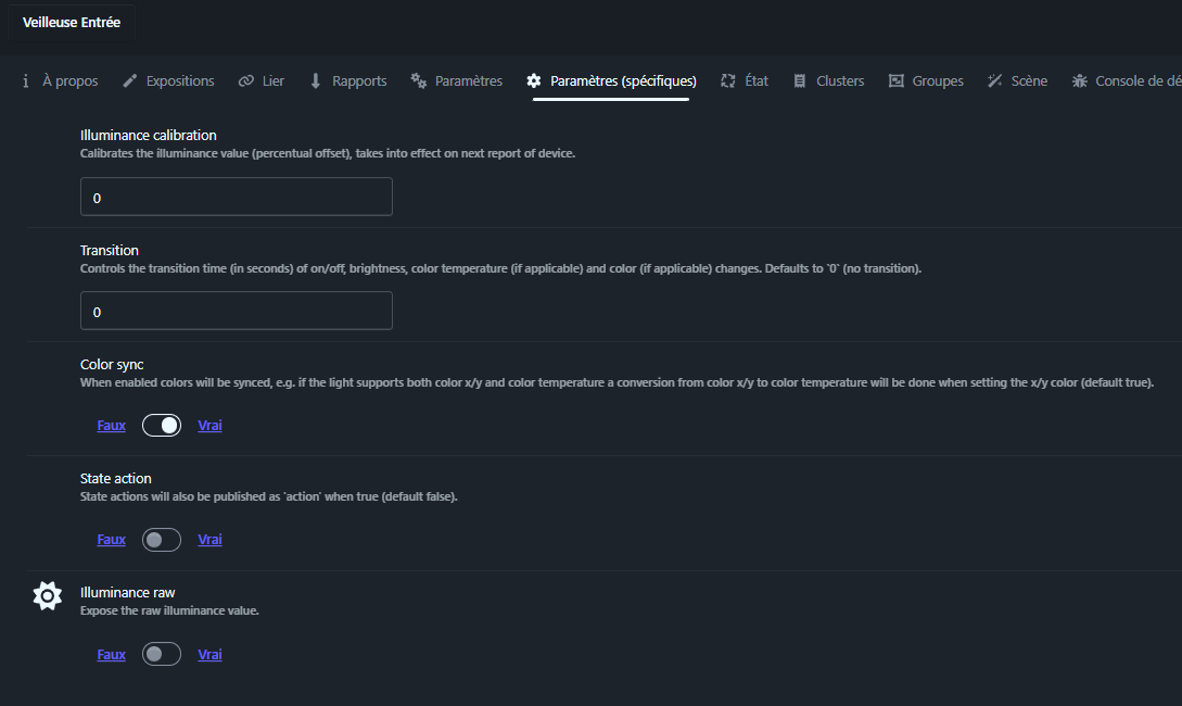 Paramètres configurables Zigbee2MQTT veilleuse Third Reality