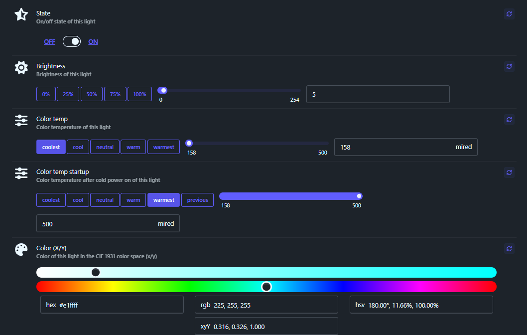 Détail entités couleur Zigbee2MQTT