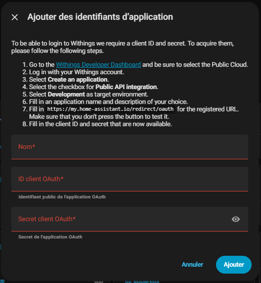 Documentation de l'intégration Withings