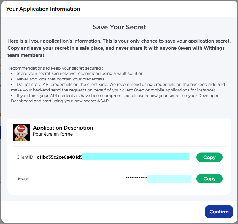 Client ID et Secret Withings