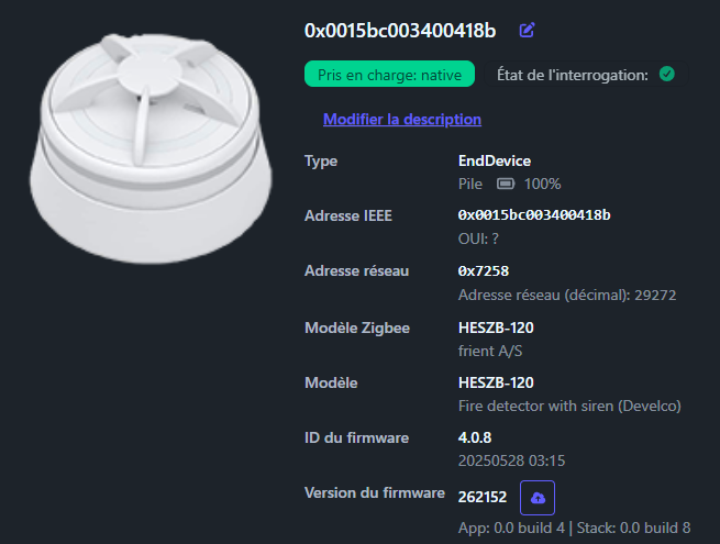 Appairage réussi du détecteur de chaleur Frient dans Zigbee2MQTT